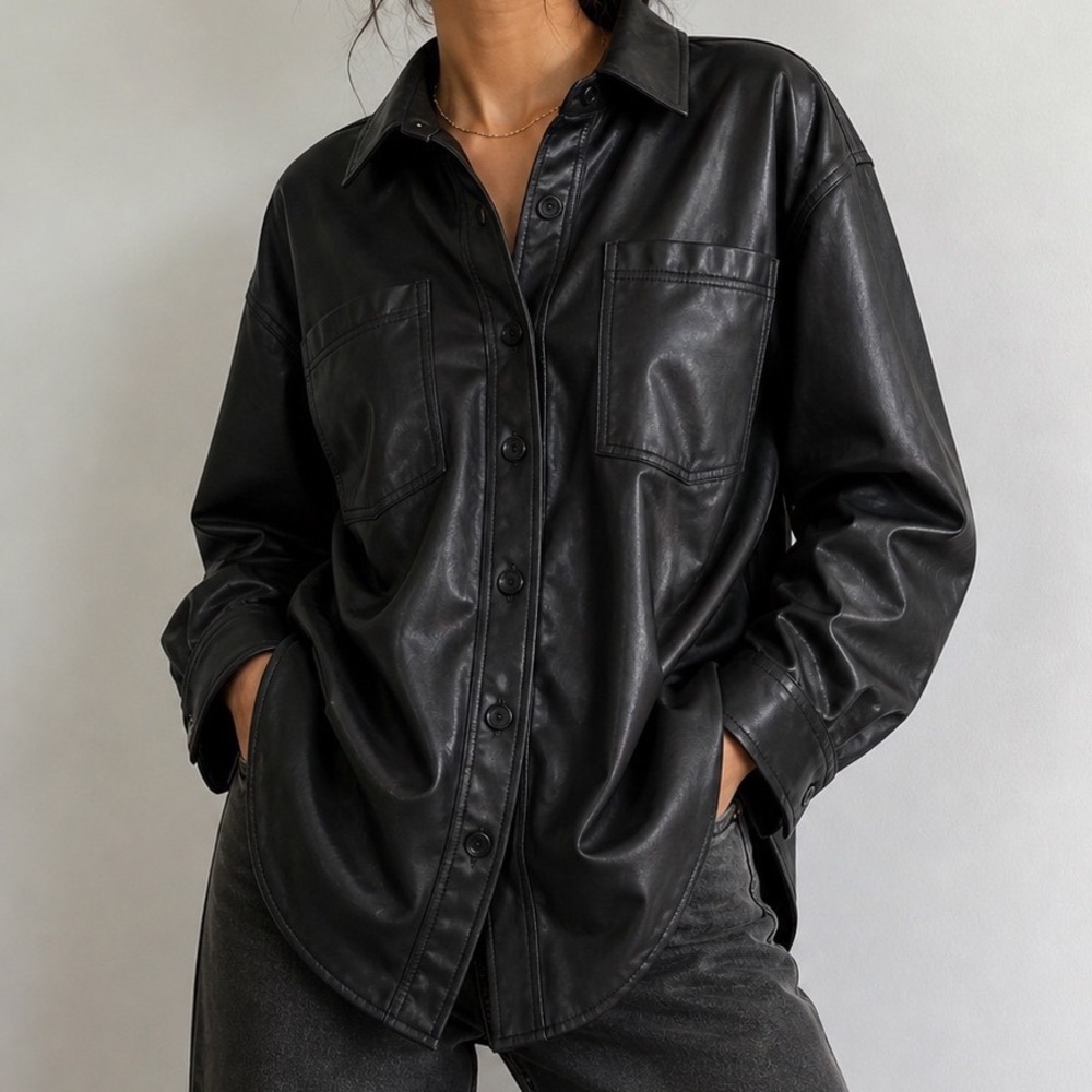 Celebrity Pink Black Faux Leather Shacket Oversized Button Down Jacket Mens L a3